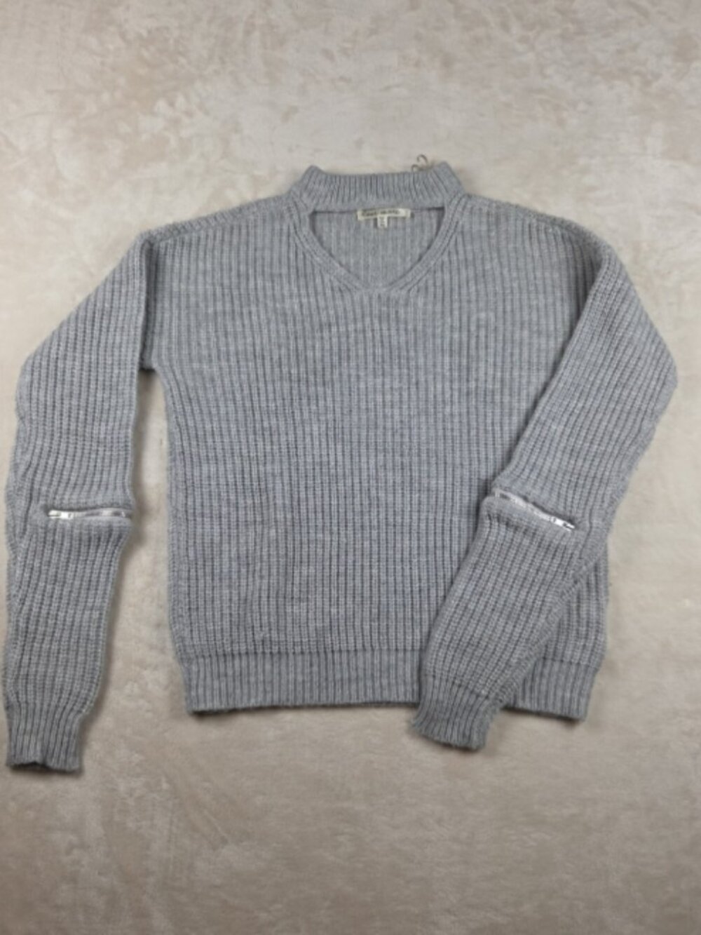 Grey Ribbed Knit Sweater XS Zip‑Sleeve Detail
